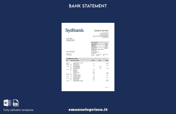 modello word di estratto conto bancario Danimarca Sydbank in stile verificato